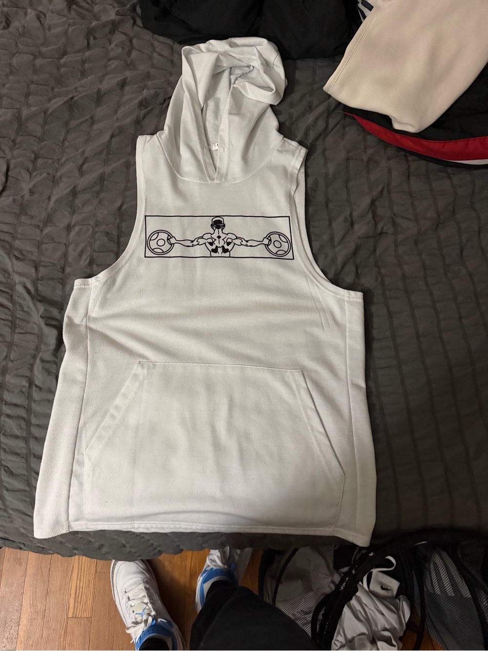 White Sleeveless Hoodie Tank Top with Fitness Graphic